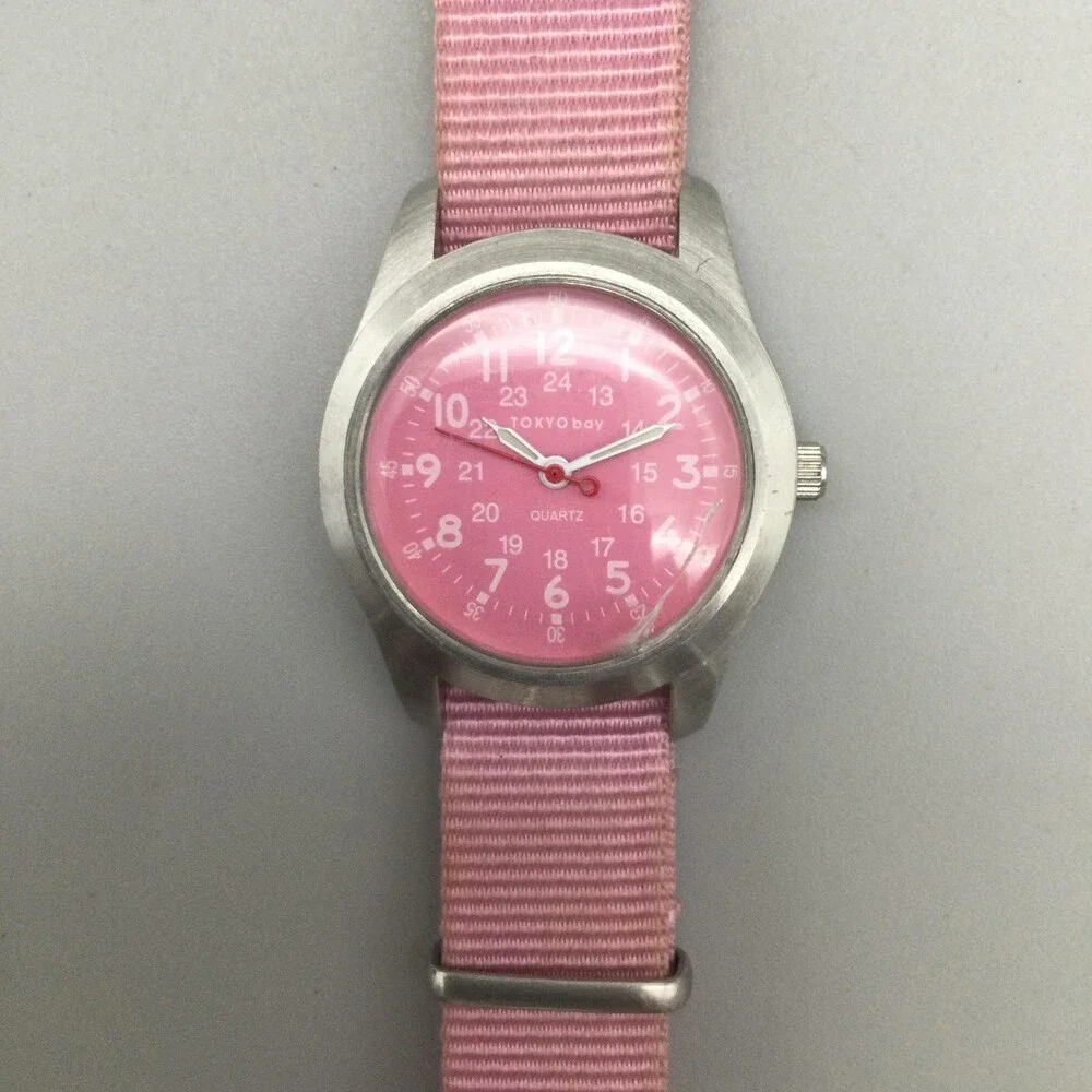 TOKYObay Womens Watch 32mm Pink Dial Nylon CRACKED CRYSTAL New Battery